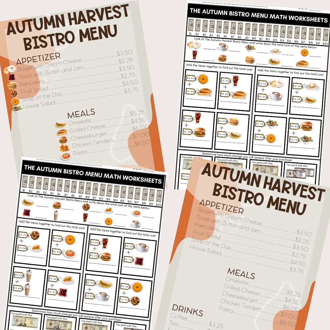 Food Menu Math Money Worksheets Life Skills Printable NO PREP Bundle